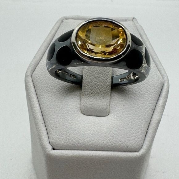 Sterling Silver Rio Grande Golden Citrine Oval w Black Quartz Ring size 9 .925 - Picture 5 of 8